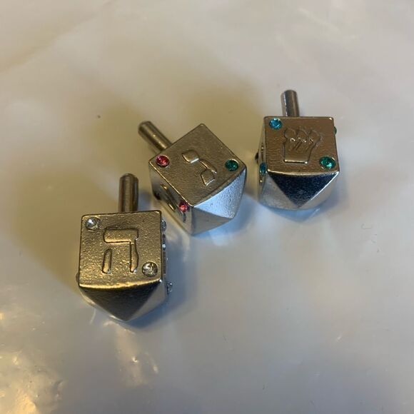 3 Vintage Hanukkah Metal Dreidel Spinner with Rhinestones 4 Sided 1.5” - Picture 1 of 2